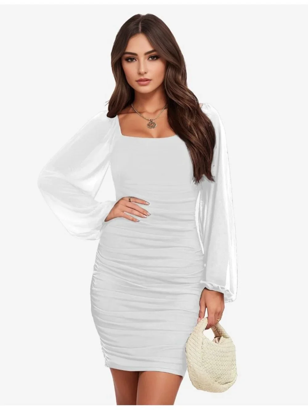 👗 Women's White Long Sleeve Square Neck Ruched Party Cocktail Bodycon Dress